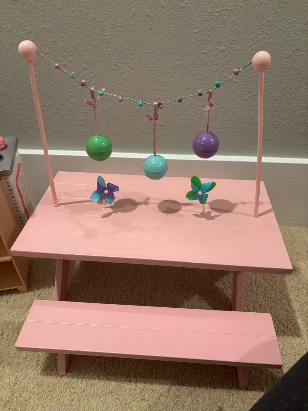 American Girl Retired Pink Picnic Play Table Set with Colorful Hanging Toys